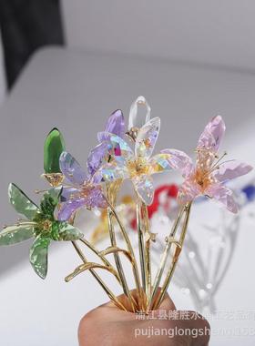 简约现代轻奢风格彩色百合花带花瓶客厅软装桌面小摆件水晶工艺品