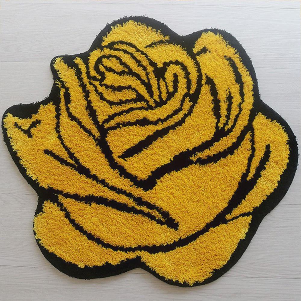 厂家批发卧室黄色单朵玫瑰花卉毛绒地毯时尚室内花蕾客厅飘窗坐垫