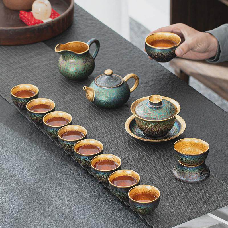 建盏七彩鎏金茶具套装纯手工高档茶具茶杯主人杯茶壶大套组礼盒装
