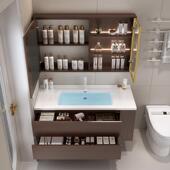 胡桃木侧边柜陶瓷一体盆浴室柜组合卫生间洗手智能洗漱洗脸 新款