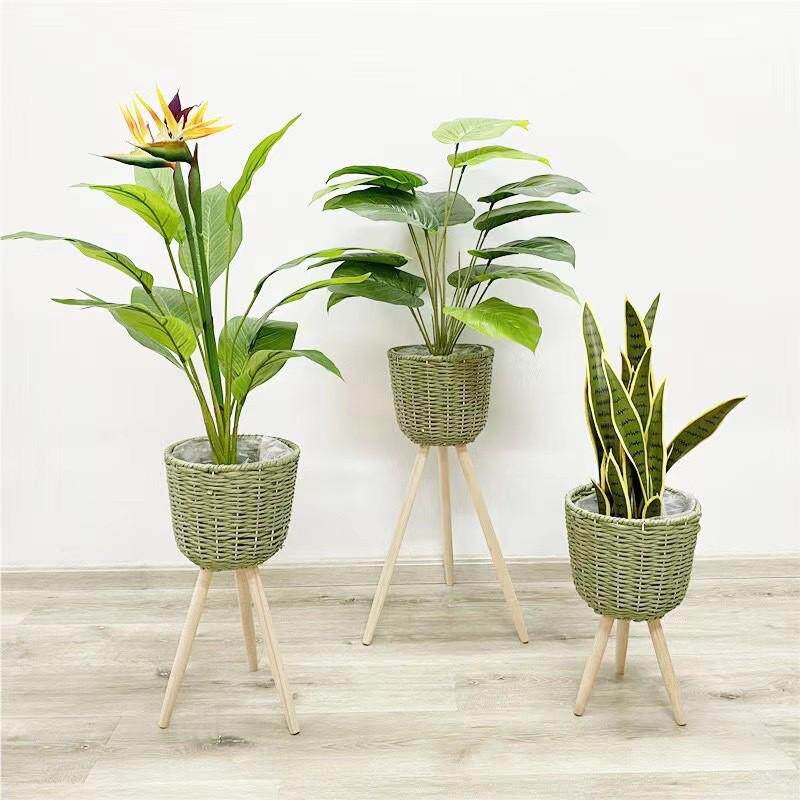 木质落地花架客厅简约田园阳台草编藤编花篮地面装饰高低花盆架