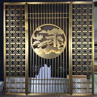 客厅 定制轻奢不锈钢屏风入户玄关隔断金属雕花镂空花格背景墙中式