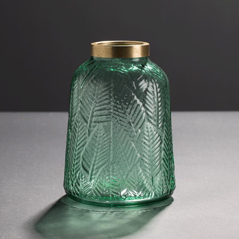 轻奢创意树叶纹绿色玻璃花瓶摆件插花客厅餐桌软装饰品水培养花器
