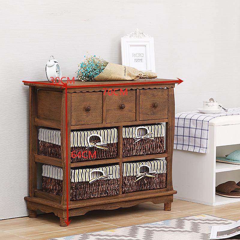 5dbj卧室美式田园实木床头柜藤编收纳柜批发复古柜子抽屉五斗柜小