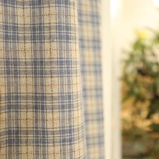 蓝线格子美式乡村棉麻窗帘门帘帘免打孔穿杆带幔