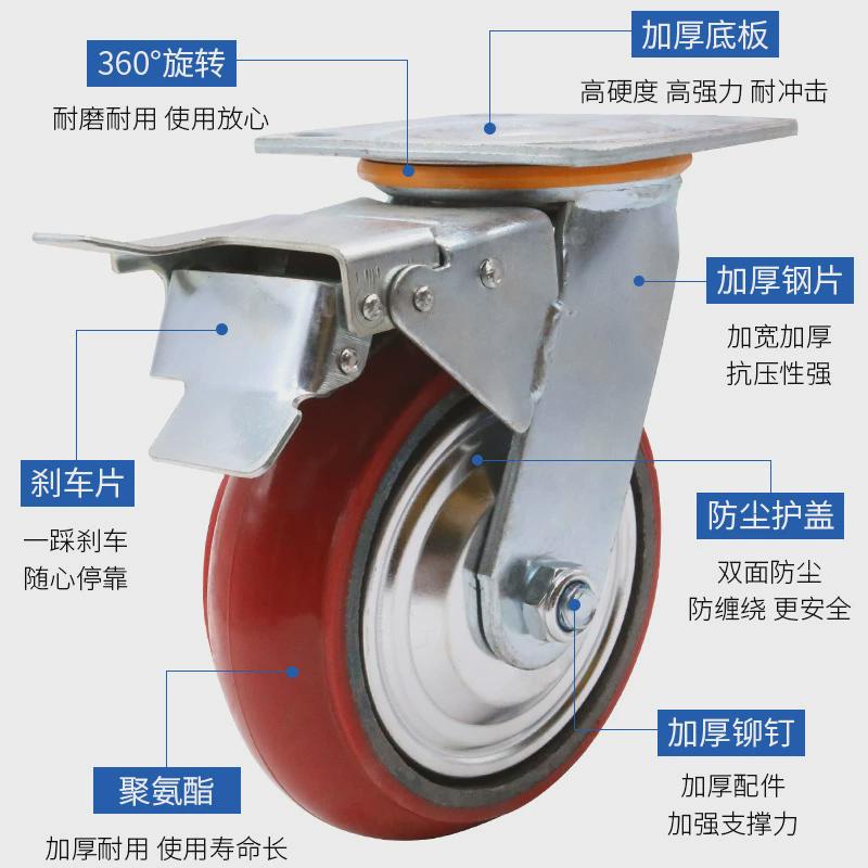 轮子8寸万向轮脚轮4寸5寸6寸聚氨酯重型防缠绕韩式铁芯pu手推车轮