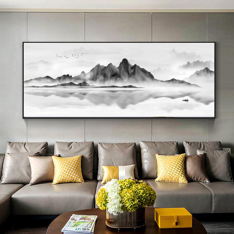 黑白山水画长条客厅挂画简约现代水墨沙发背景墙装饰画一整张横版