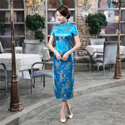 批发长款织锦缎旗袍开叉旗袍表演T台秀晚会旗袍修身复古改良J3082