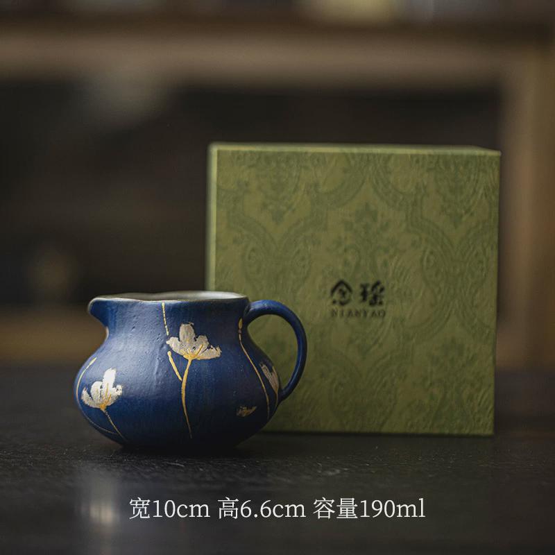 弥言克莱因蓝粉引纯手工粗陶手把公道杯分茶器金银纯手绘匀杯不烫