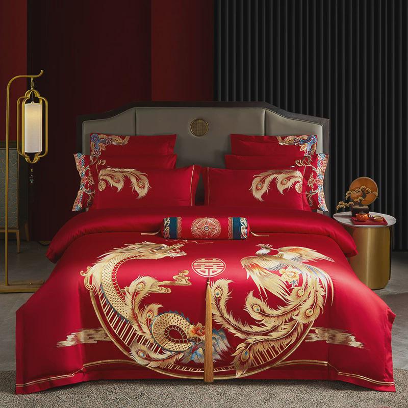 纯棉大红全棉长绒棉婚庆四件套结婚五件套龙凤刺绣六件套床上用品