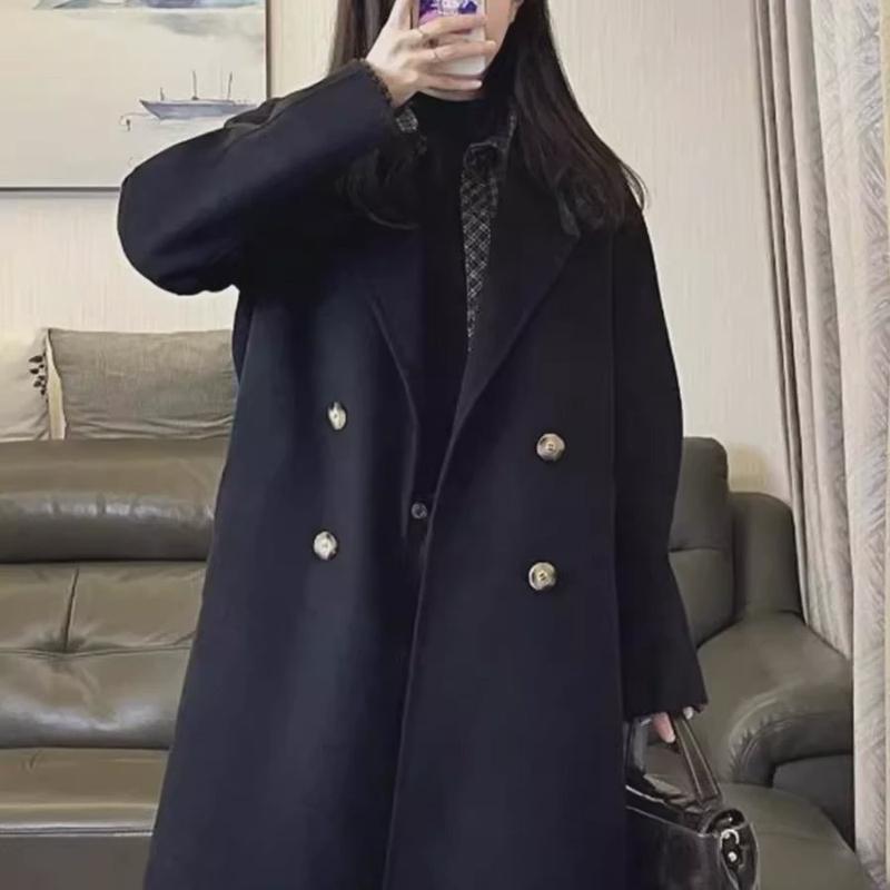 新款燕麦色长款毛呢大衣女2025秋冬新款外双排扣气质大衣韩版宽松