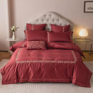 高端欧式风浪漫婚庆100支全棉四件套大红色刺绣结婚被套床上用品