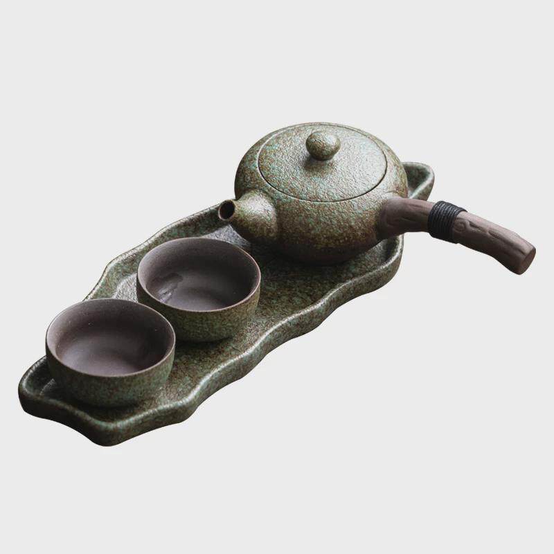 粗陶干泡茶具套装家用简约日式复古陶瓷功夫侧把茶壶茶杯一壶两杯