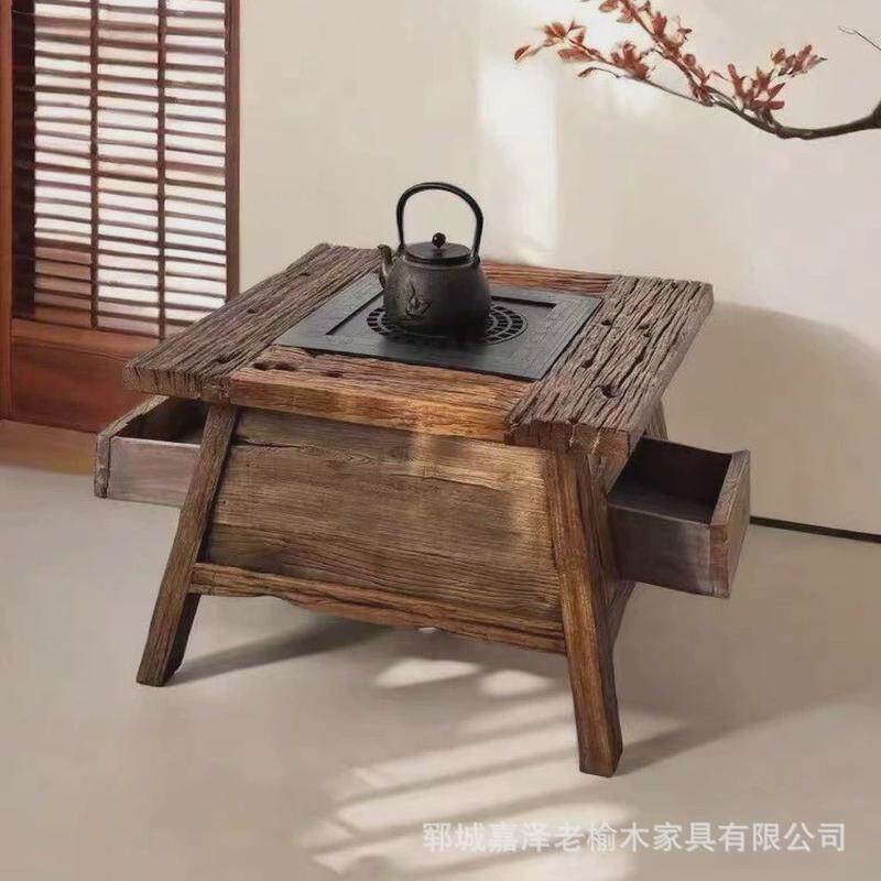实木煮茶小方桌老榆木茶台家用阳台桌榆木茶几桌子野餐户外围炉桌