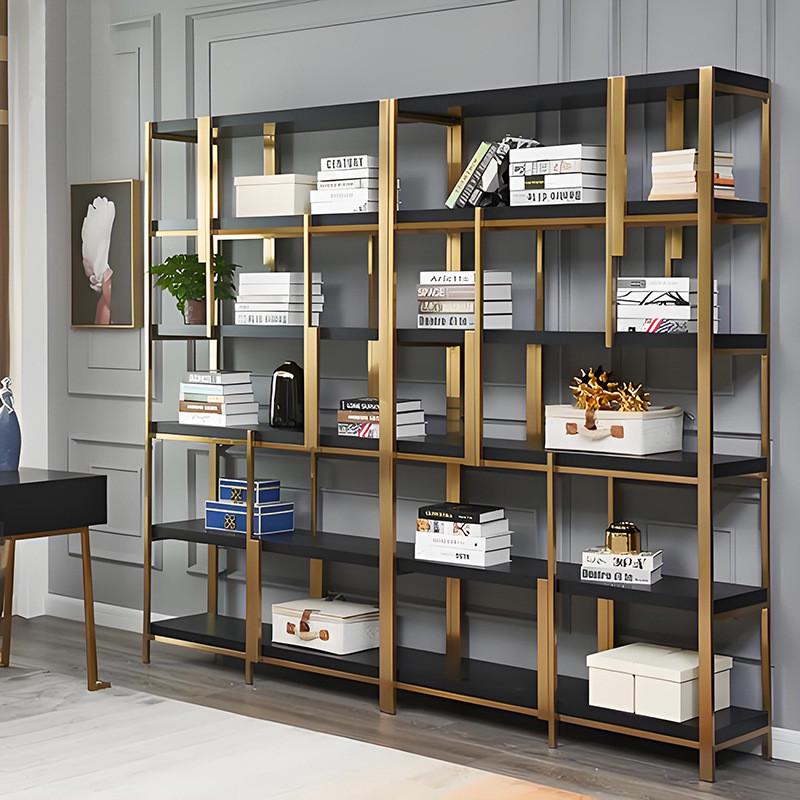 轻奢现代简约落地书架展示柜金色置物架实木不锈钢装饰金属博古架