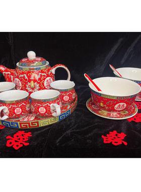 VHM7结婚敬茶杯喜碗新人嫁妆婚庆红碗筷婚礼新娘陪嫁茶具套装用品
