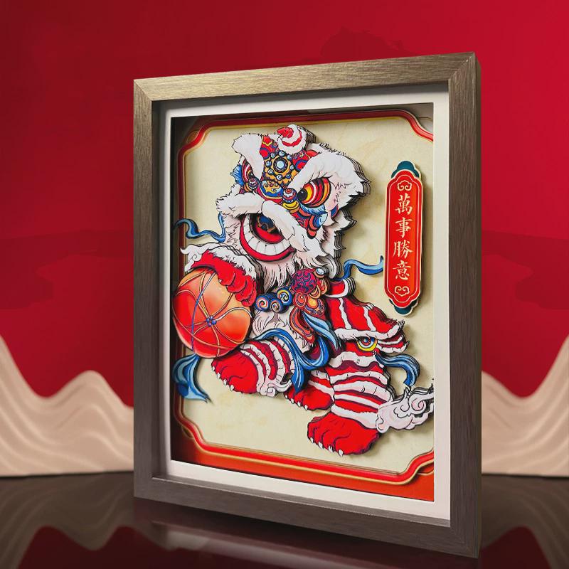 中式胡桃木画框展示框金舞狮剪纸装裱实木立体中空相框摆台展示框