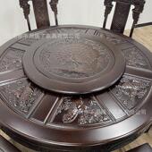 全实木餐桌椅组合带圆形转盘中式 仿古雕花大圆桌家用吃饭桌带玻璃