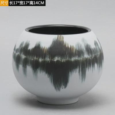 新中式花陶瓷花瓶样板间客厅摆件灰白中国风大口水墨画钵插花花器