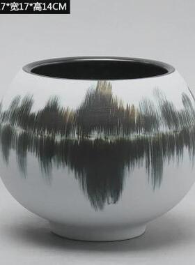 新中式花陶瓷花瓶样板间客厅摆件灰白中国风大口水墨画钵插花花器