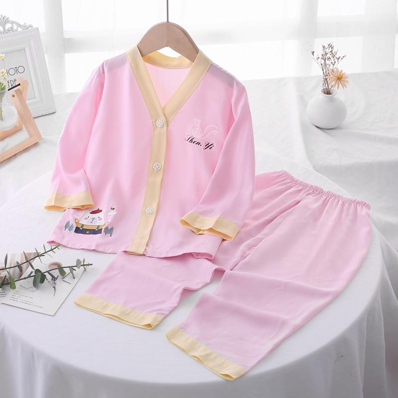包邮夏季儿童睡衣纯色印花开衫棉绸家居服套装男童女童绵绸空调服
