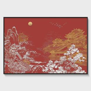 新中式餐厅浮雕肌理装饰画高档大气酒店大堂挂画别墅客厅烫金壁画