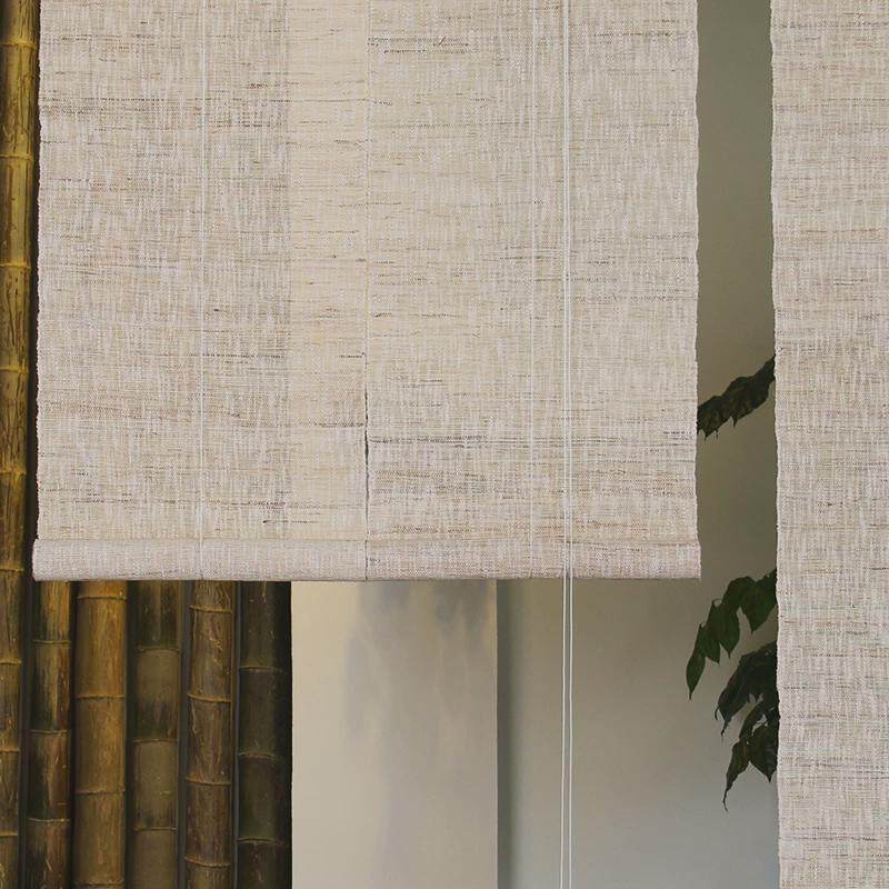 阳台窗帘免打孔阳光玻璃房遮光遮阳帘茶室日式竹帘卷帘苎麻隔断帘