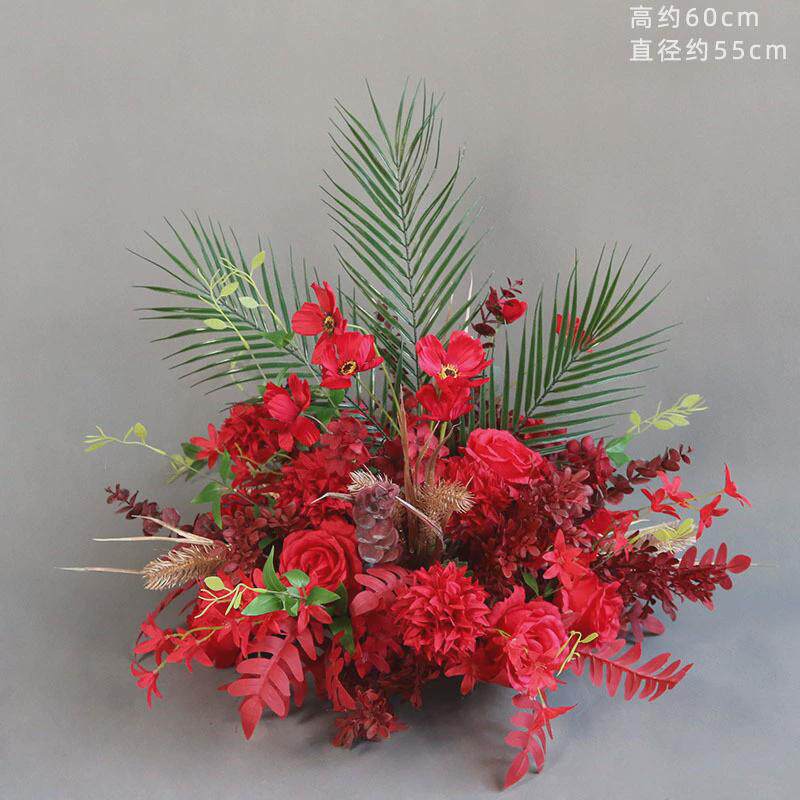 婚庆红色盆花路引花婚礼花艺花球桔色金色桌花背景装饰花中式道具
