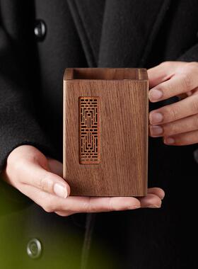 定制实木创意笔筒黑胡桃木桌面收纳盒简约日式学习办公文具礼品