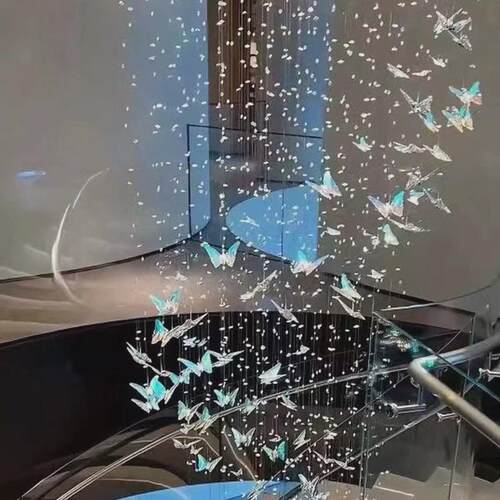楼梯蝴蝶蓝灯轻奢水晶loft公寓别墅楼旋灯现复式客厅挑空转长吊灯