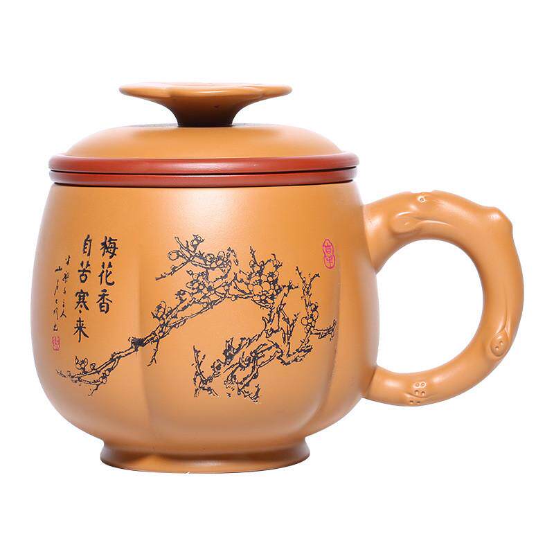 紫砂盖杯茶具原矿黄段泥梅花办公杯套组茶漏过滤三件套茶杯子厂家