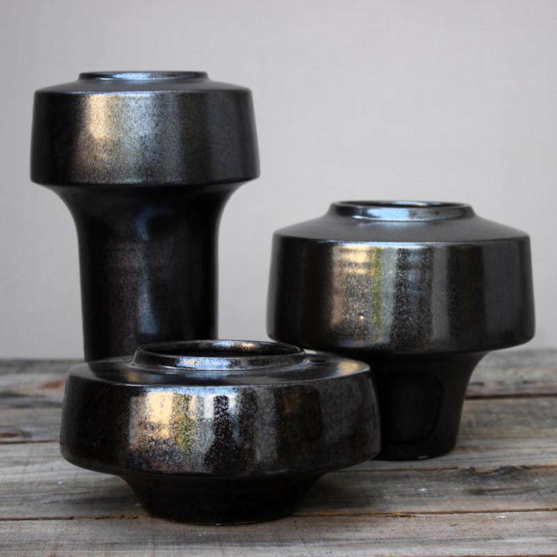 花瓶摆件新中式禅意黑色台面三件套景德镇插花器花盆小陶罐软装饰