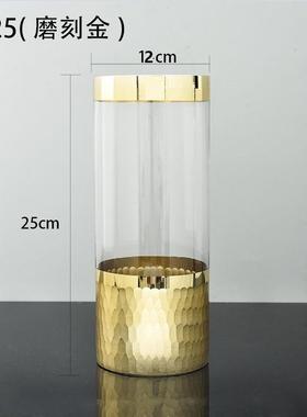 欧式磨刻金边直筒玻璃花瓶富贵竹水培插花器家居软装饰品轻奢摆件