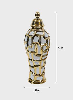 轻奢电镀金边金格陶瓷花瓶工艺品摆件样板房家居客厅玄关软装饰品