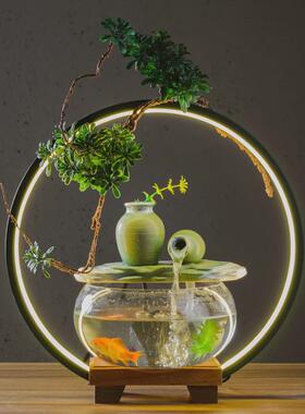 新中式陶瓷开业礼品圈流水工艺品摆件玄关客厅装饰桌面喷泉盆景灯