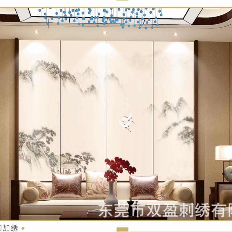 电视背景墙刺绣硬包新中式北欧现代客厅卧室软包浮雕花鸟刺绣2021