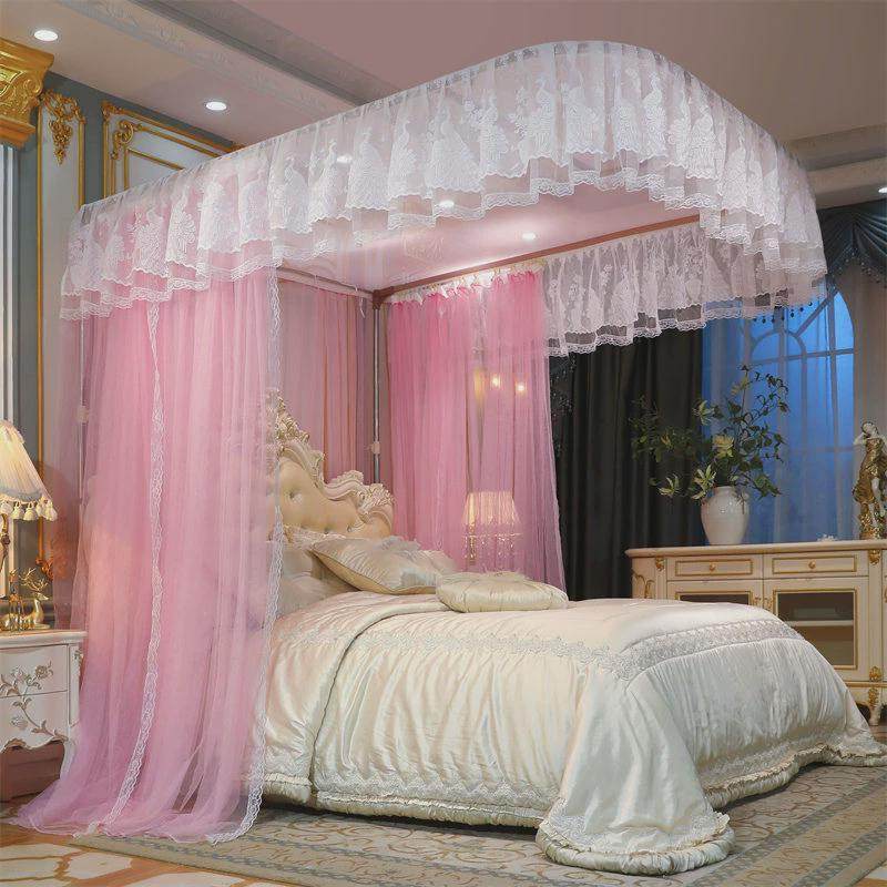 滑轨轨道蚊帐家用双人导轨婚庆u型新款三开门加密伸缩公主风纹帐