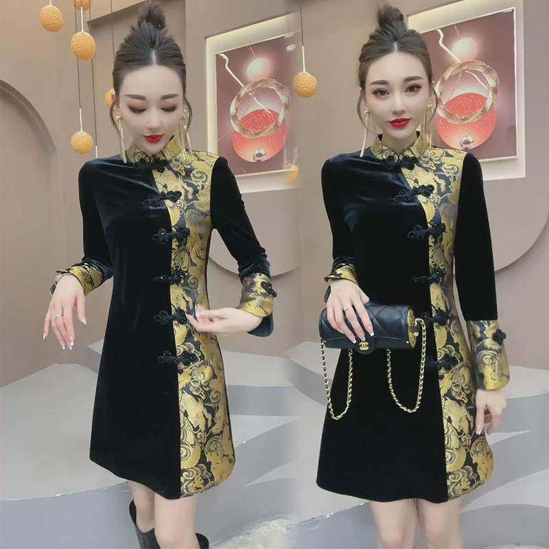 新中式裙女2024春季新款设计显瘦国风盘扣高档丝绒,女装/女士精品,连衣裙,淘宝优惠券,粉丝福利购,淘宝优惠卷