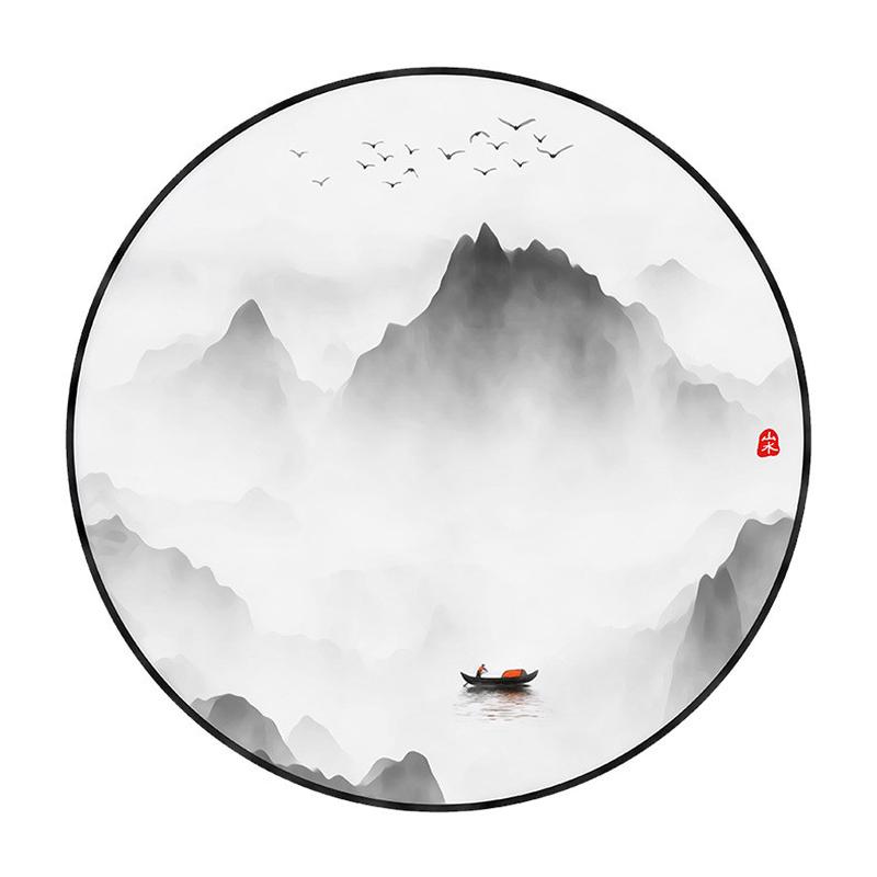 现代简约风客厅挂画抽象寂风入户玄关圆形侘山水画铝合金轻奢国画