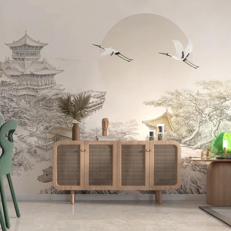 中式山水仙鹤壁画客厅书房茶室包厢背景墙布酒店墙纸定制装饰壁纸