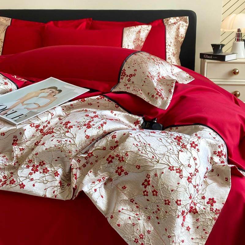 160支长绒棉婚庆四件套全棉大红色新婚刺绣喜被纯棉结婚床上用品4,床上用品,婚庆床品套件,淘宝优惠券,粉丝福利购,淘宝优惠卷
