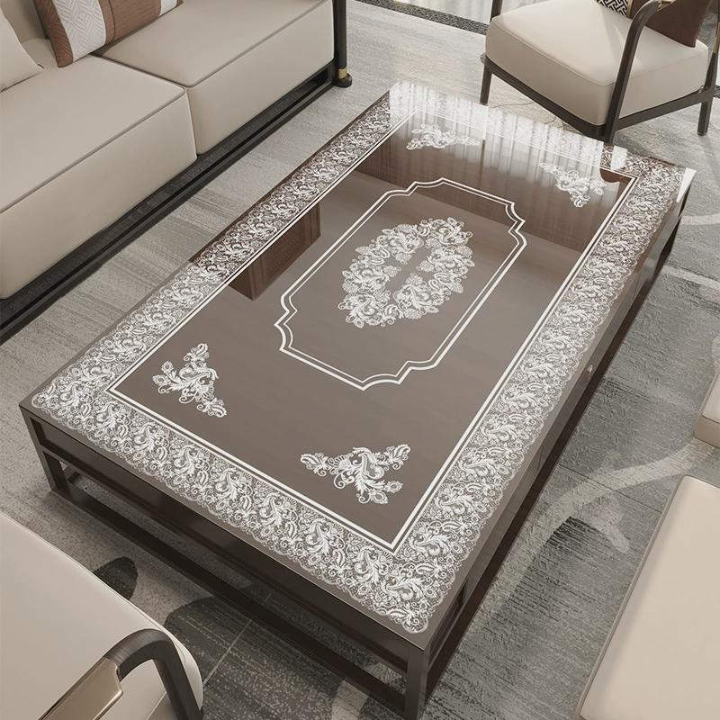 pvc软玻璃桌垫免洗防油印花餐桌布法式蕾丝透明防水长方形茶几垫