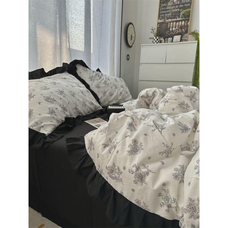 40n法式水洗棉四件套赫本风黑色花边素描ins床单学生被套三件套床