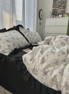 40N法式ins赫本风黑色花边素描水洗棉四件套床单学生被套三件套床