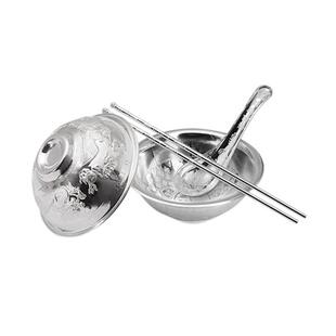 三件套银瓷餐具银碗银筷子深圳工厂花开富贵银餐具直销