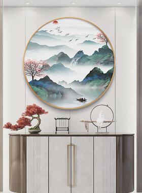 水墨新中式圆形装饰画茶室入户玄关山水画客厅沙发背景墙餐厅挂画