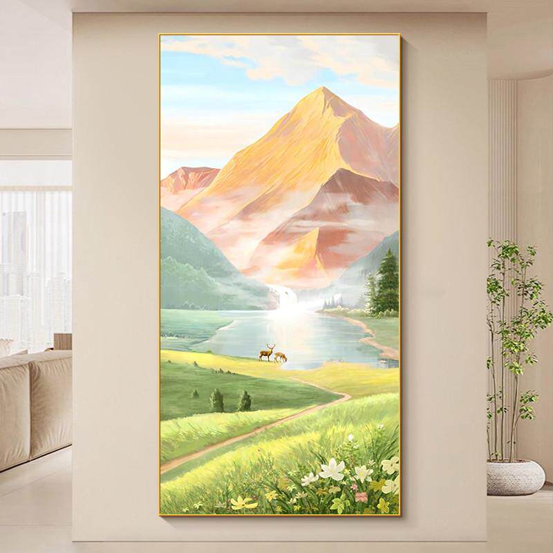 日照金山玄关装饰画北欧奶油风入户走廊挂画绿色山水油画风景壁画