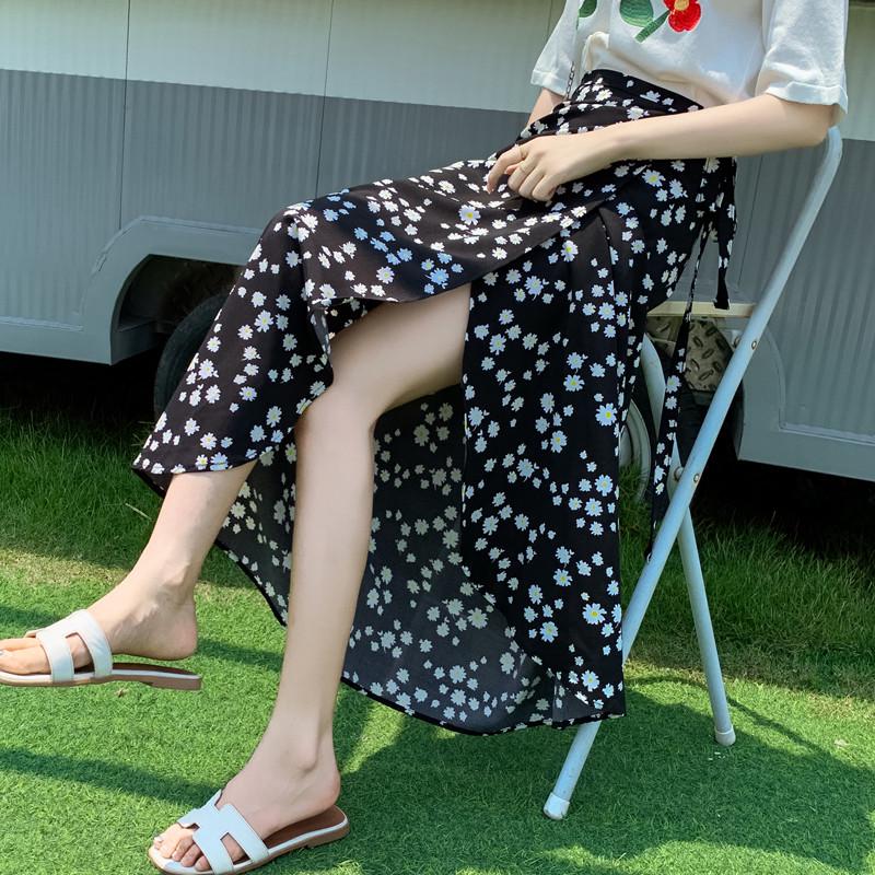 轻奢高货碎花半身长裙夏女装高腰系带沙滩裙波西米亚开叉雪纺一片