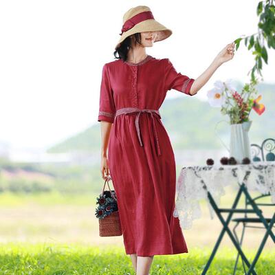 2021春夏复古文艺红色亚麻连衣裙女休闲显瘦高腰系带棉麻A字长裙