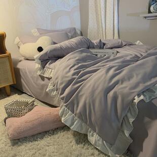 韩版香芋紫公主风少女心水洗棉床单床裙四件套花边被套宿舍三件套